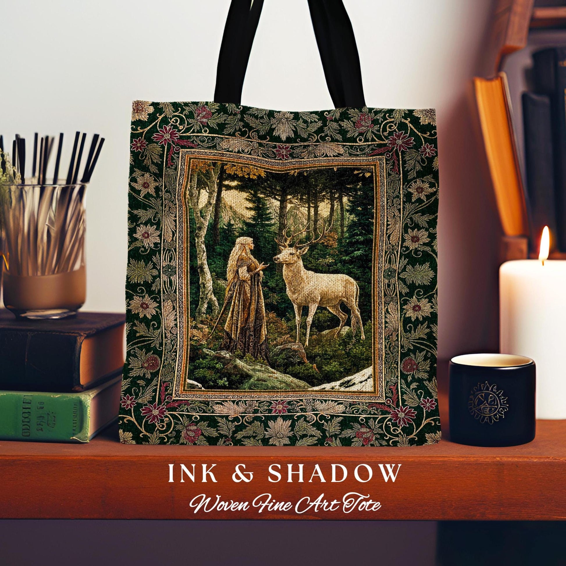 Emerald Forest Spirits Woven Tapestry Bag | Botanical Elegance Woodland Spirits Dark Green Tote Goth Fairycore Romantic Woven Witchy Bag |