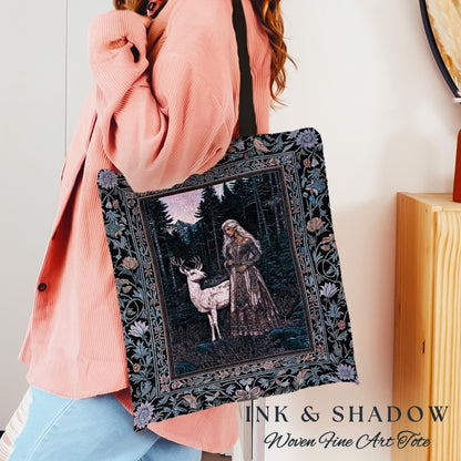 Gothic Forest Spirit Tapestry Tote | Dark Academia Storybook Aesthetic Witchy Baroque Bedroom Decor Forest Nymph Whimsigothic Fantasy Bag |