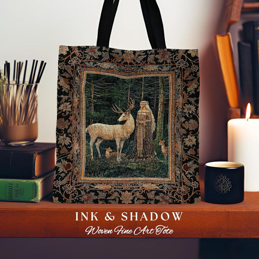 Dark Renaissance Woodland Everyday Tote | Elegant Fairycore Tapestry Bag Mythic Landscape Gothic Forest Spirit Animal Blanket Forest Nymph