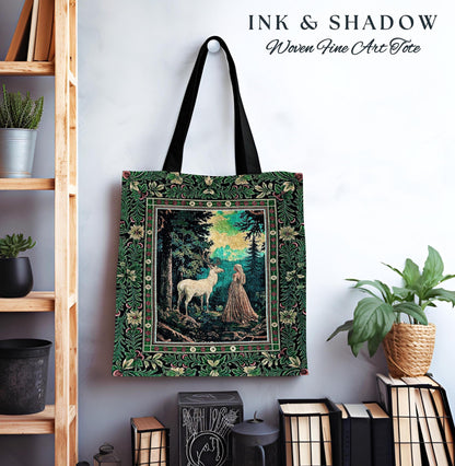 Faerie Realm Mystic Forest Tapestry Bag | Enchanted Gothic Landscape Dark Academia Nature Spirits Woven Tote Renaissance Magical Deer Art |