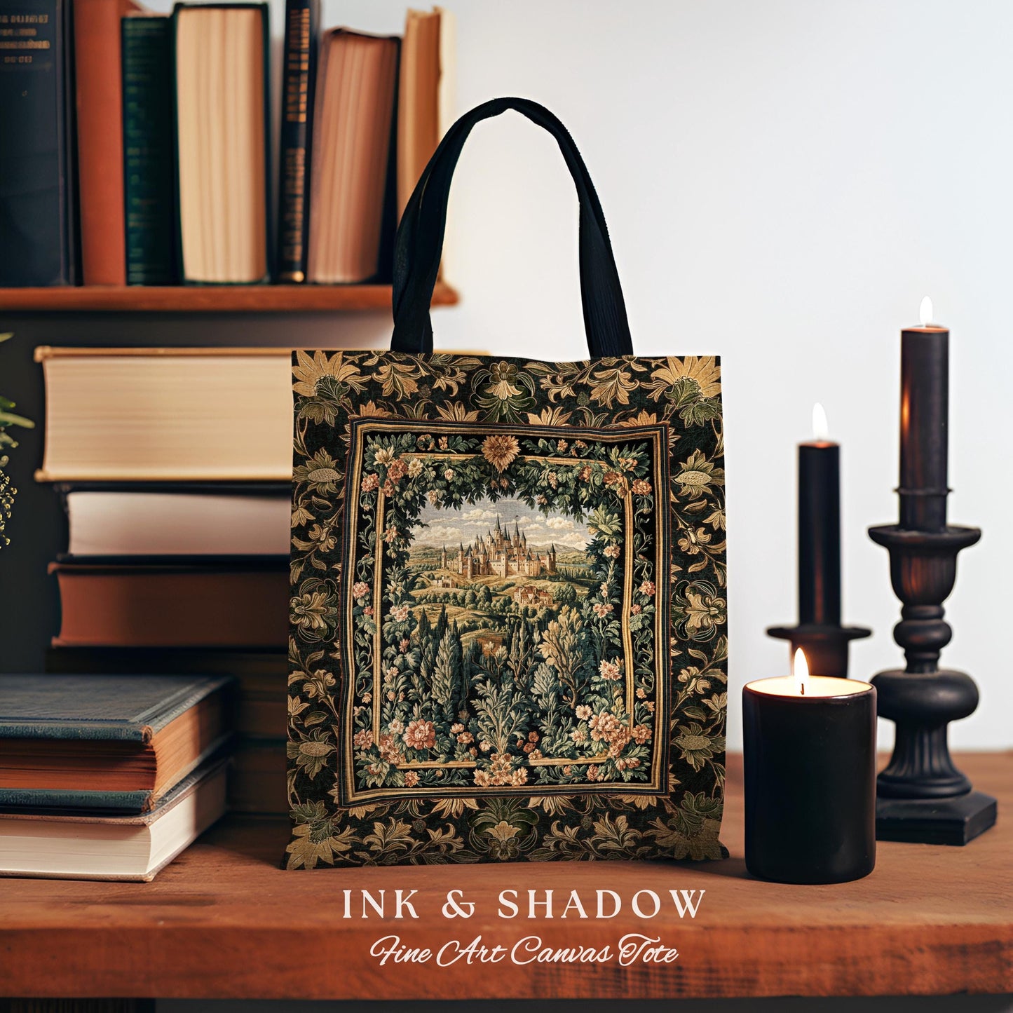 Dark Academia Victorian Royal Tapestry Tote | Fantasy Woven Everyday Bag Decor Woodland Princess Medieval Rustic Floral Landscape Maximalist