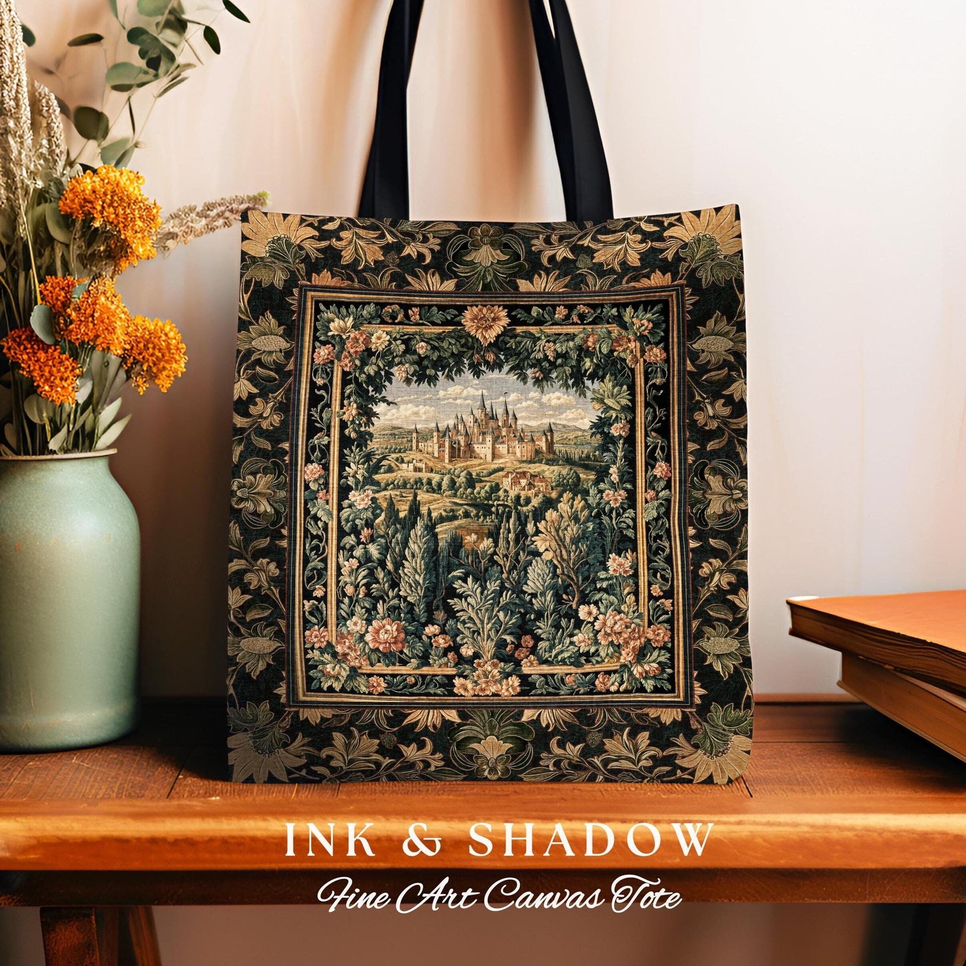 Dark Academia Victorian Royal Tapestry Tote | Fantasy Woven Everyday Bag Decor Woodland Princess Medieval Rustic Floral Landscape Maximalist