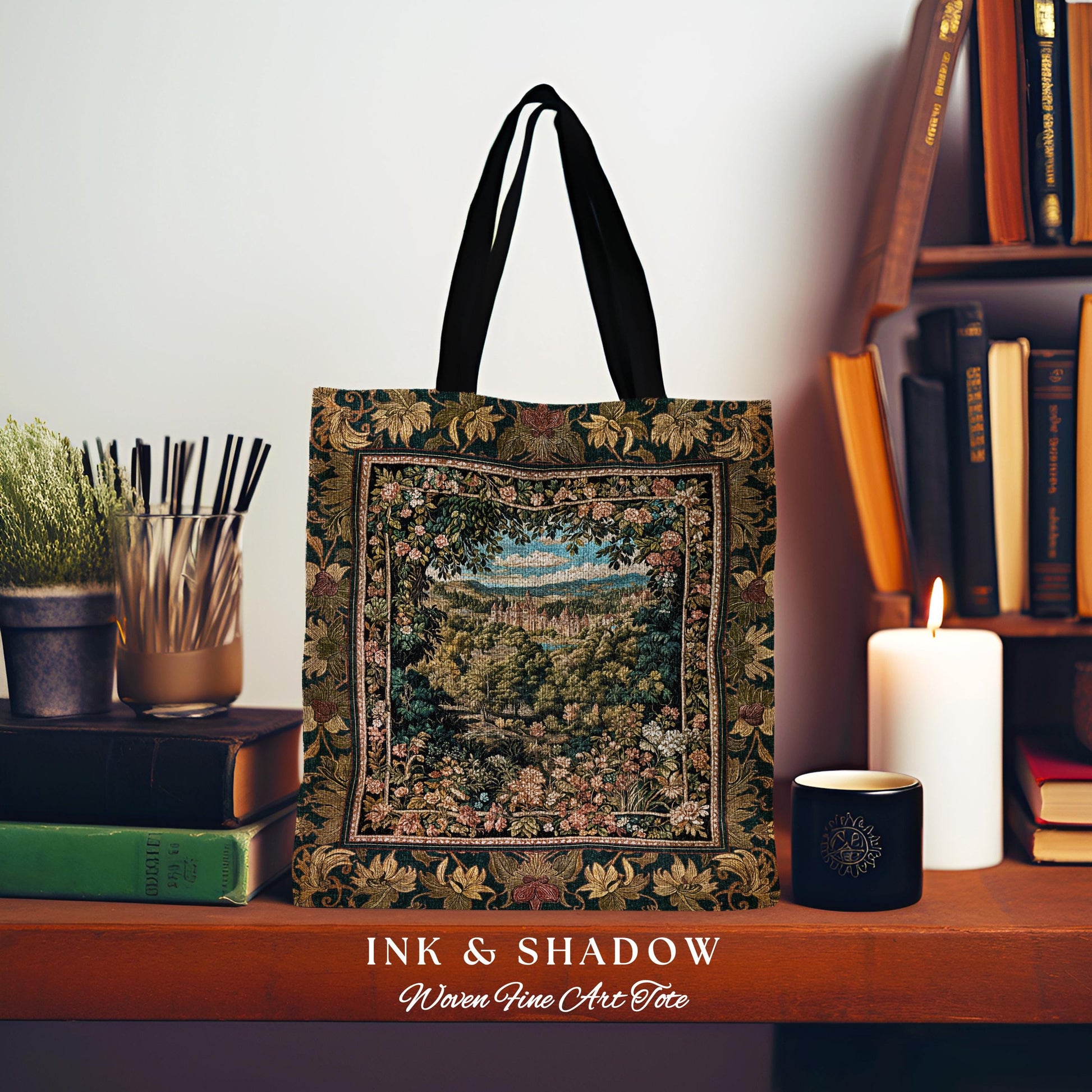 Fantasy Castle Botanical Woven Tapestry Tote | Fairycore Princess Bag Woodland Moody Medieval Woodland Fairytale Whimsy Whimsigothic Decor |