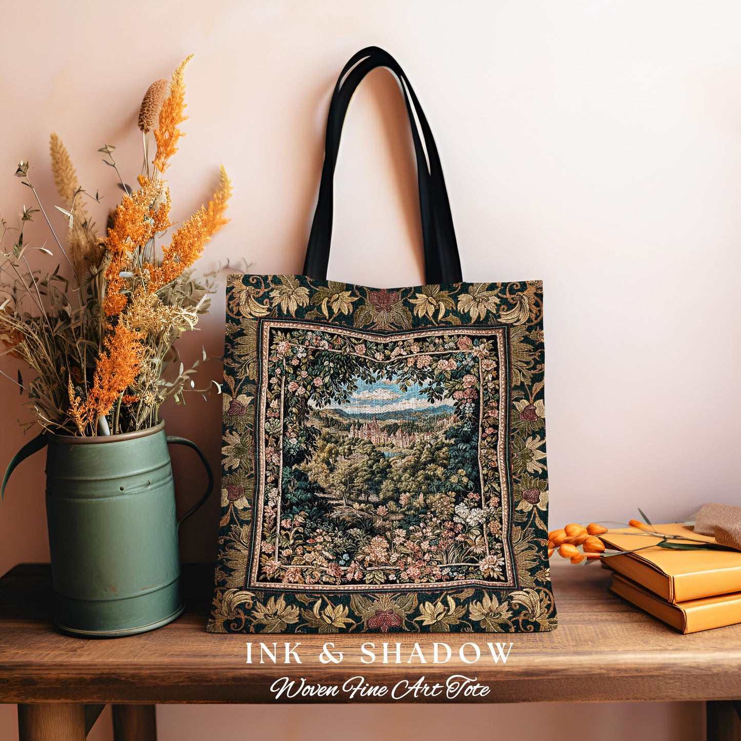 Fantasy Castle Botanical Woven Tapestry Tote | Fairycore Princess Bag Woodland Moody Medieval Woodland Fairytale Whimsy Whimsigothic Decor |