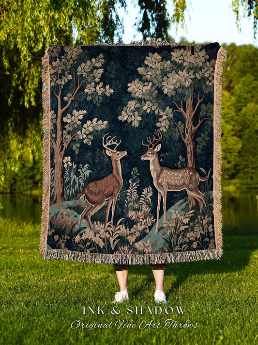 Woven Deer Folk Art Tapestry Blanket Woodland Cottagecore Throw William Morris Decor Gothic Forestcore Aesthetic Bedding Nature Art Academia