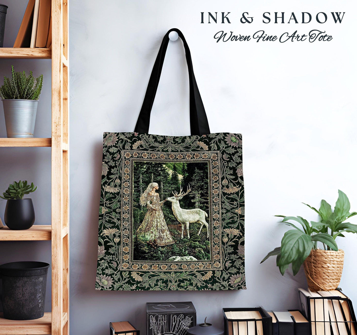 Botanical Folklore Ethereal Woven Tote | Forest Elegance Mother Earth Tapestry Bag Fantasy Dark Green Aesthetic Dark Fairycore Deer Romantic