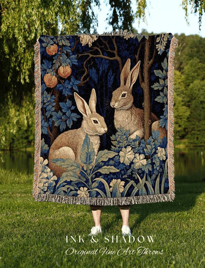 Floral Woven Rabbit Blanket | Botanical Folk Art Blanket Woven Tapestry William Morris Throw Woodland Goth Decor Cottagecore Aesthetic Decor