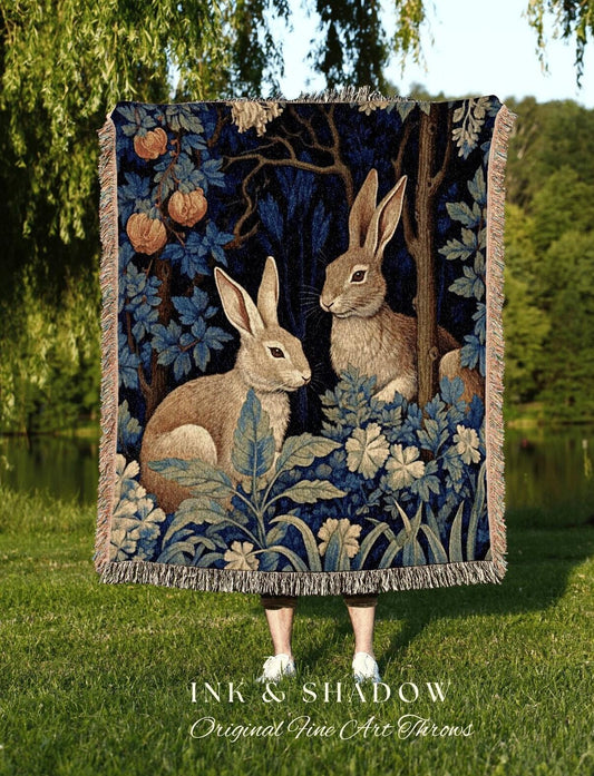 Floral Woven Rabbit Blanket | Botanical Folk Art Blanket Woven Tapestry William Morris Throw Woodland Goth Decor Cottagecore Aesthetic Decor