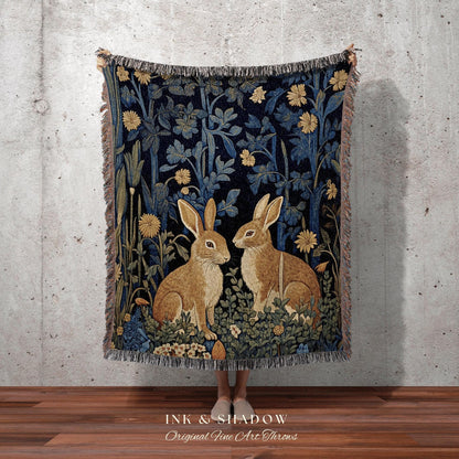 Hygge Tapestry Vintage Folk Art | Woven Tapestry Blanket William Morris Throw Woodland Decor Botanical Rabbit Aesthetic Woodland Fairycore |