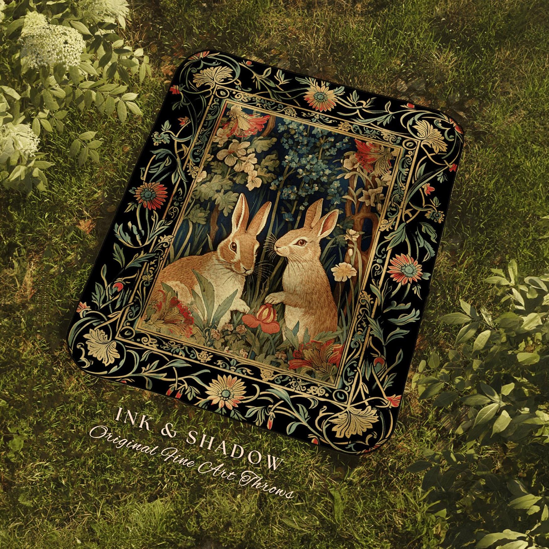 Bunnies in the Woodland Picnic Blanket | Spring Bunnies Woven Tapestry Inspired Forest Aesthetic Fairycore Bedroom Floral Bunny Victorian