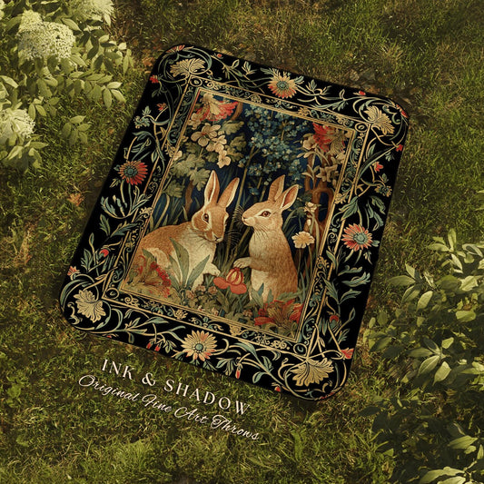 Bunnies in the Woodland Picnic Blanket | Spring Bunnies Woven Tapestry Inspired Forest Aesthetic Fairycore Bedroom Floral Bunny Victorian