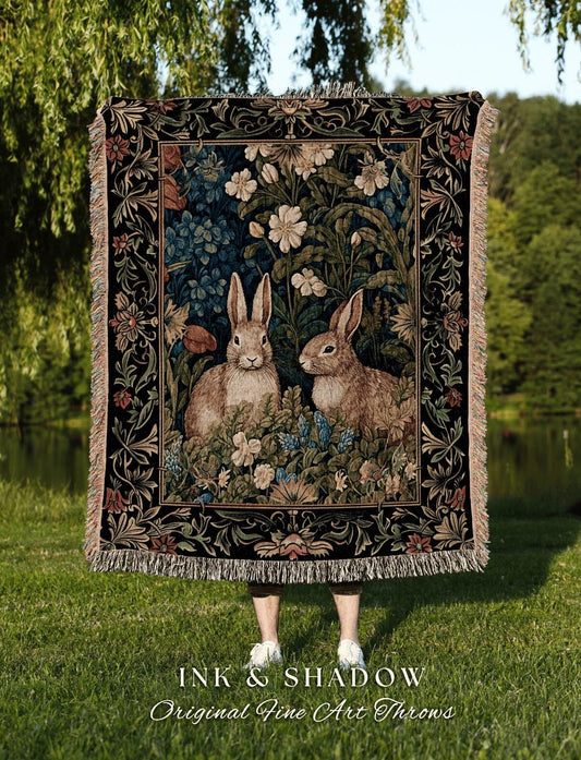 Cottagecore Bunnies Spring Blanket | Woodland Room Decor Jacquard Woven Tapestry Forest Aesthetic Fairycore Bedroom Floral Bunny Victorian