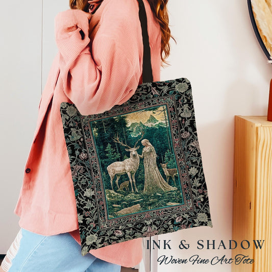 Twilight Forest Spirits Tote Bag | Mythic Woodland Fairycore Tapestry Bag Royal Gothic Renaissance Folklore Landscape Woven Victorian Style