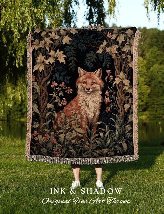 Morris Fox Botanical Tapestry | Woodland Folk Art Blanket Woven Tapestry William Morris Style Woodland Goth Decor Dark Cottagecore Aesthetic