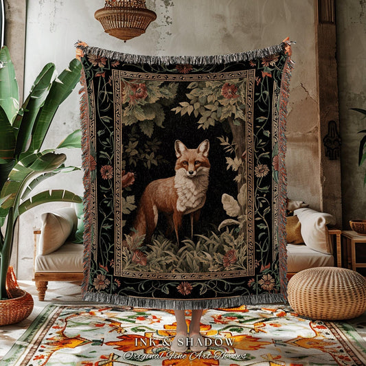 Woodland Fox Botanical Throw | Ornate Room Decor Forestcore Fairycore Boho Bedroom Blanket Woven Tapestry Ethereal Decoration Cottagecore |