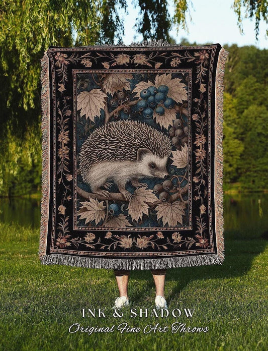Goblincore Hedgehog Bedroom Blanket | Dark Woodland Blanket Cozy Cottagecore Book Nook Throw Dark Fairycore Room Victorian Hedge Hog Lover |