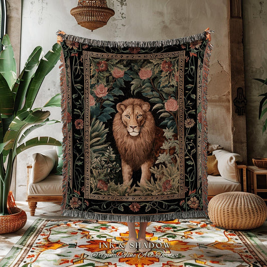 Mystic Jungle Lion Blanket | Rainforest Themed Decor William Morris Style Aesthetic Fairycore Boho Woven Tapestry Jungle Floral Botanical