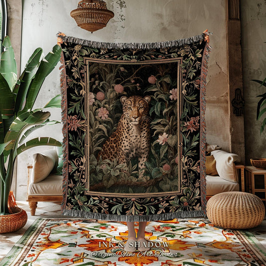 Leopard Tapestry Dark Floral | Nature Inspired Room Decor Morris Aesthetic Fairycore Boho Bedroom Throw Blanket Jungle Cheetah Nursery Decor