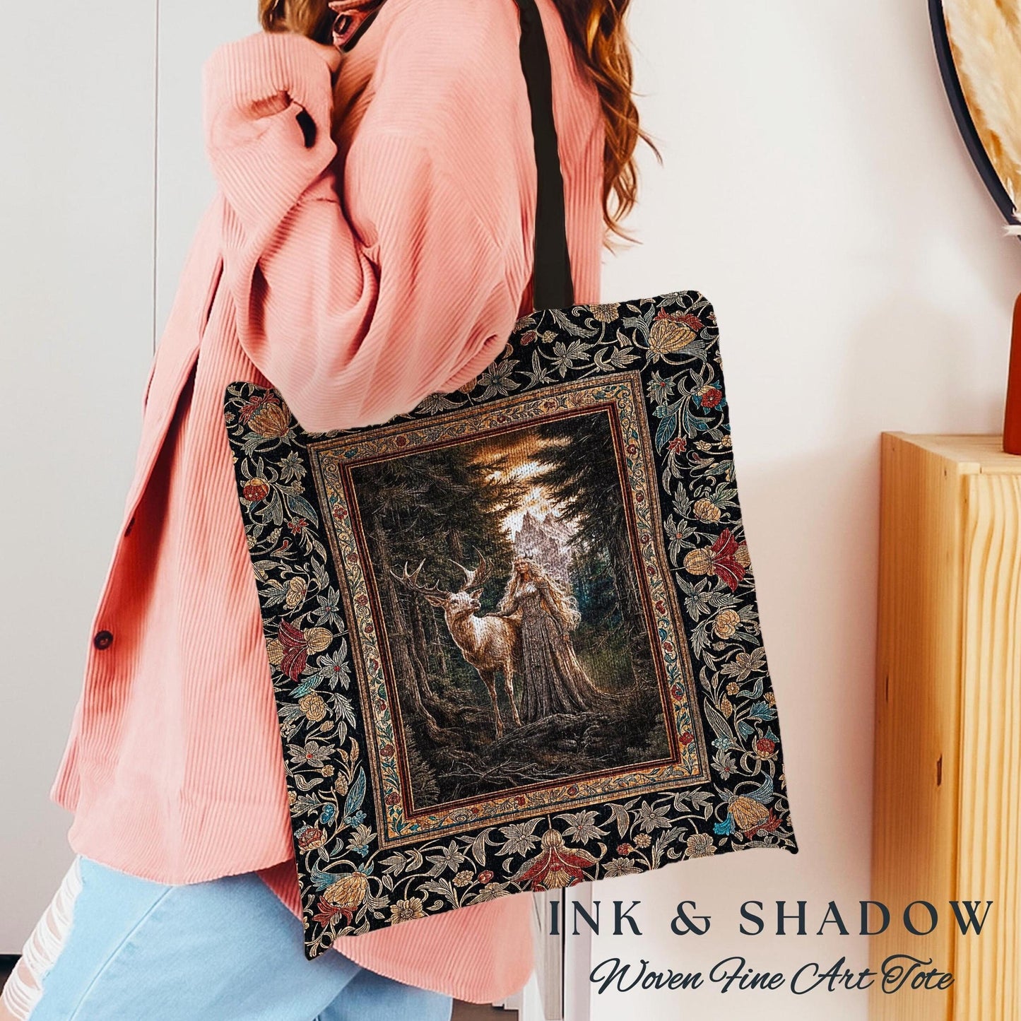 Enchanted Woods Fairytale Woven Tote | Dark Cottagecore Whimsical Royal Gothic Folklore Inspired Woodland Deer Magic Landscape Tapestry Bag