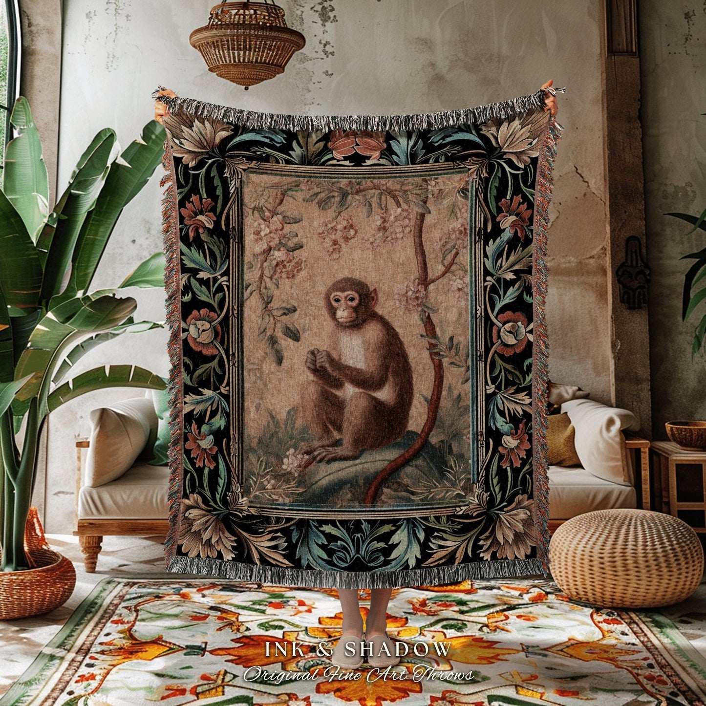 Victorian Gothic Woven Throw Blanket | Woodland Tapestry Decor William Morris Monkey Vintage Cottagecore Aesthetic Dark Fairycore Woven Art