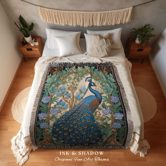 Pastel Gothic Peacock Throw Blanket | Maximalist Floral Fairy Core Room Decor Woven Blanket William Morris Style Pastel Cottagecore Tapestry