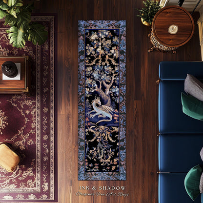 Mystic Moody Dragon Runner Rug | Ethereal Botanical Woodland Magic Fantasy Theme Bedroom French Baroque Fantasy Tree Entryway Rug Blue Hues