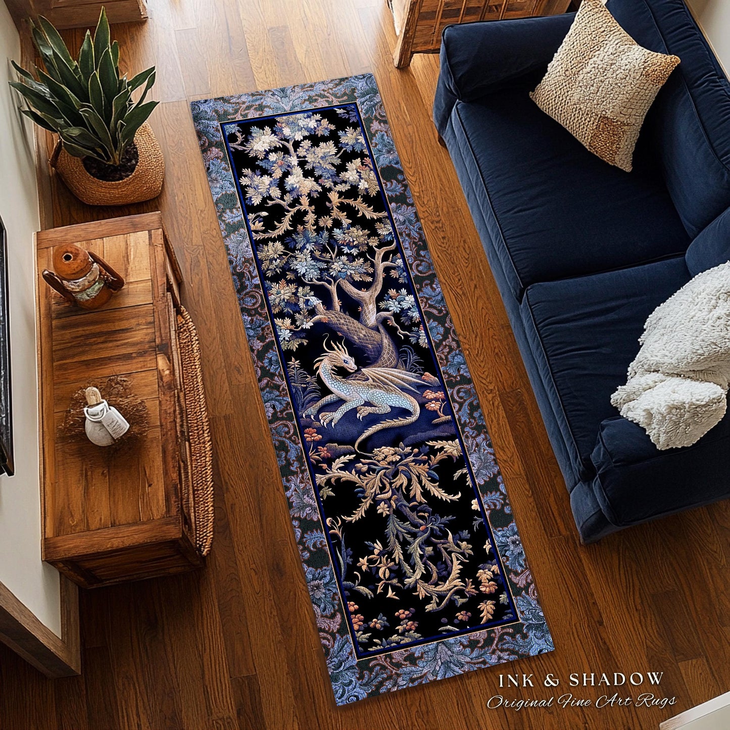 Mystic Moody Dragon Runner Rug | Ethereal Botanical Woodland Magic Fantasy Theme Bedroom French Baroque Fantasy Tree Entryway Rug Blue Hues