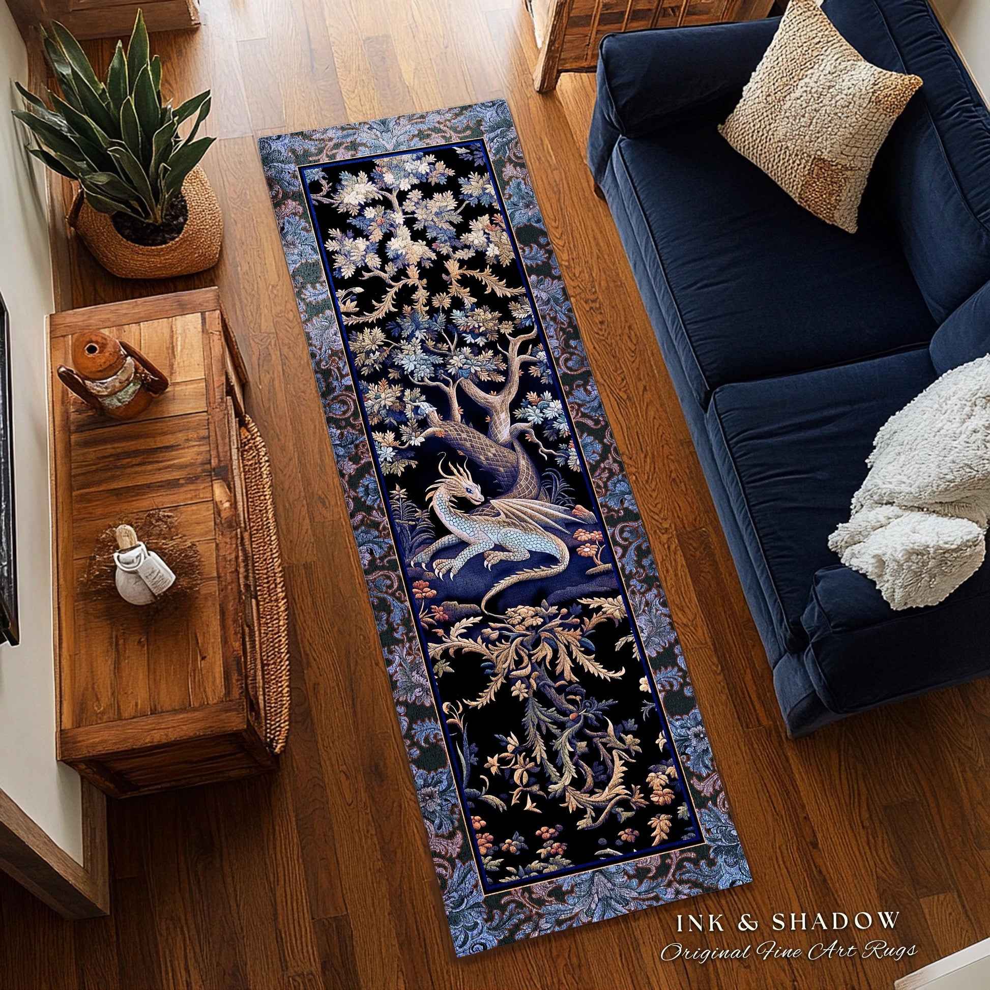 Mystic Moody Dragon Runner Rug | Ethereal Botanical Woodland Magic Fantasy Theme Bedroom French Baroque Fantasy Tree Entryway Rug Blue Hues