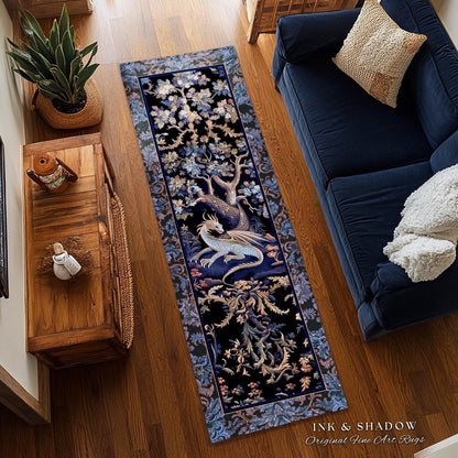 Mystic Moody Dragon Runner Rug | Ethereal Botanical Woodland Magic Fantasy Theme Bedroom French Baroque Fantasy Tree Entryway Rug Blue Hues