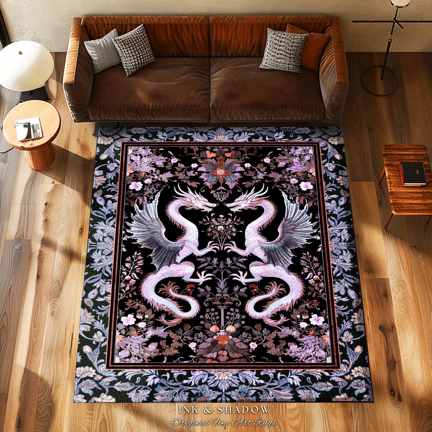Pastel Gothic Fantasy Dragon Rug | Medieval Aesthetic Chinese Dragon Area Rug Home Acceent Lavender Purple Decor Whimsigothic Dark Academia