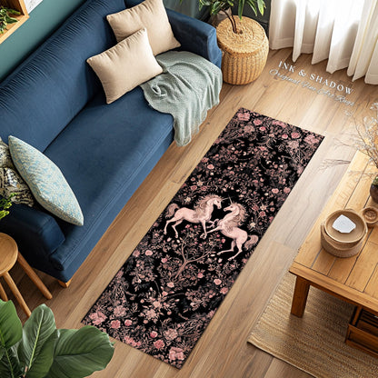 Rosy Pastel Victorian Unicorn Runner Rug | Floral Romantic Cottagecore Coquette Aesthetic Whimsical Area Rug Fairycore Runner for Hallway |