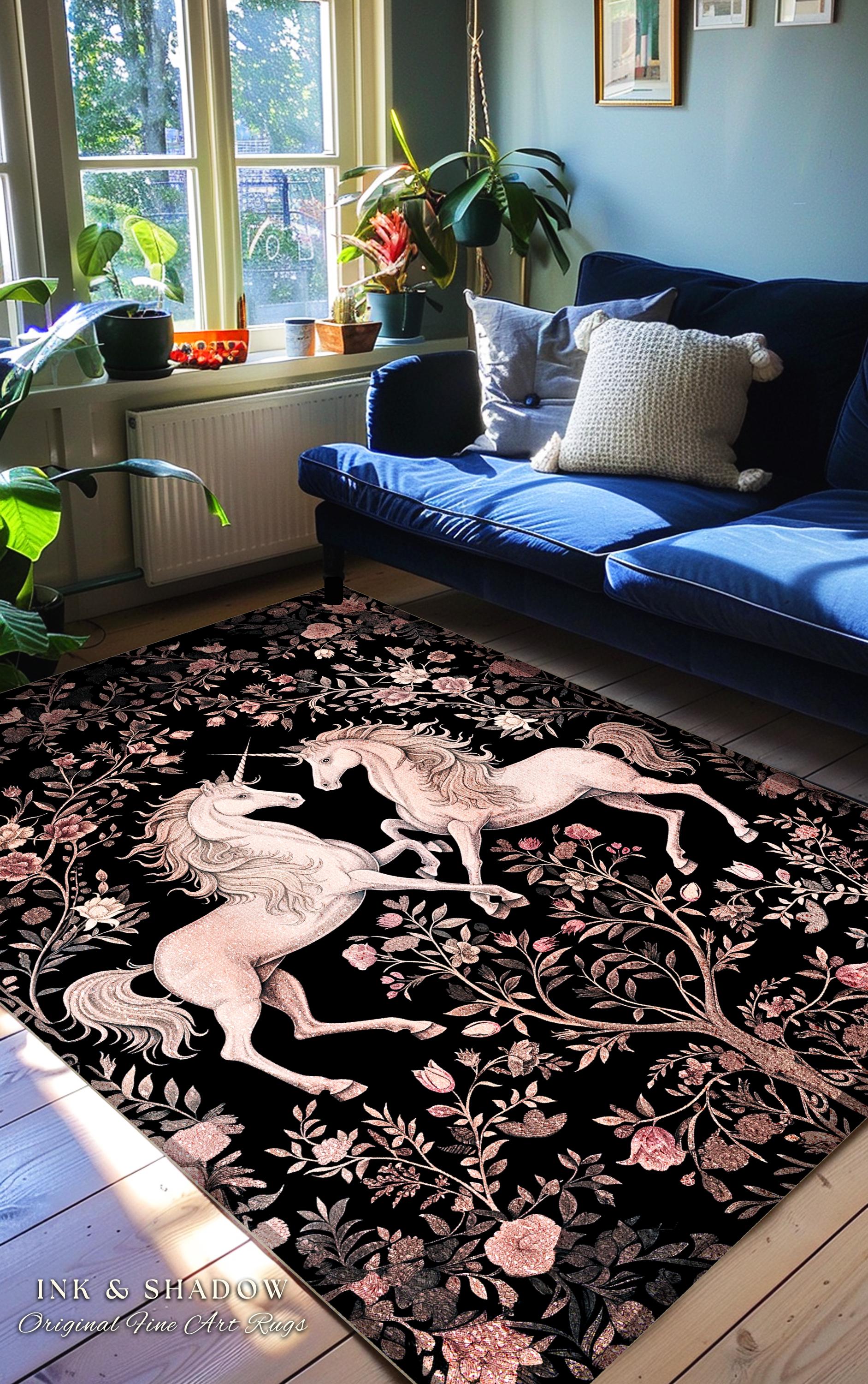Rosy Pastel Victorian Unicorn Runner Rug | Floral Romantic Cottagecore Coquette Aesthetic Whimsical Area Rug Fairycore Runner for Hallway |