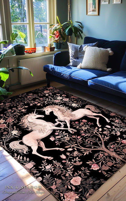 Rosy Pastel Victorian Unicorn Runner Rug | Floral Romantic Cottagecore Coquette Aesthetic Whimsical Area Rug Fairycore Runner for Hallway |