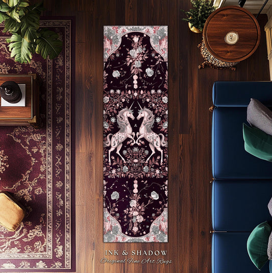 Dark Fairytale Unicorn Runner Rug | Whimsical Fairycore Home Accent Victorian Gothic Floral Decor Baroque Romantic Mystic Cute Area Rug Boho
