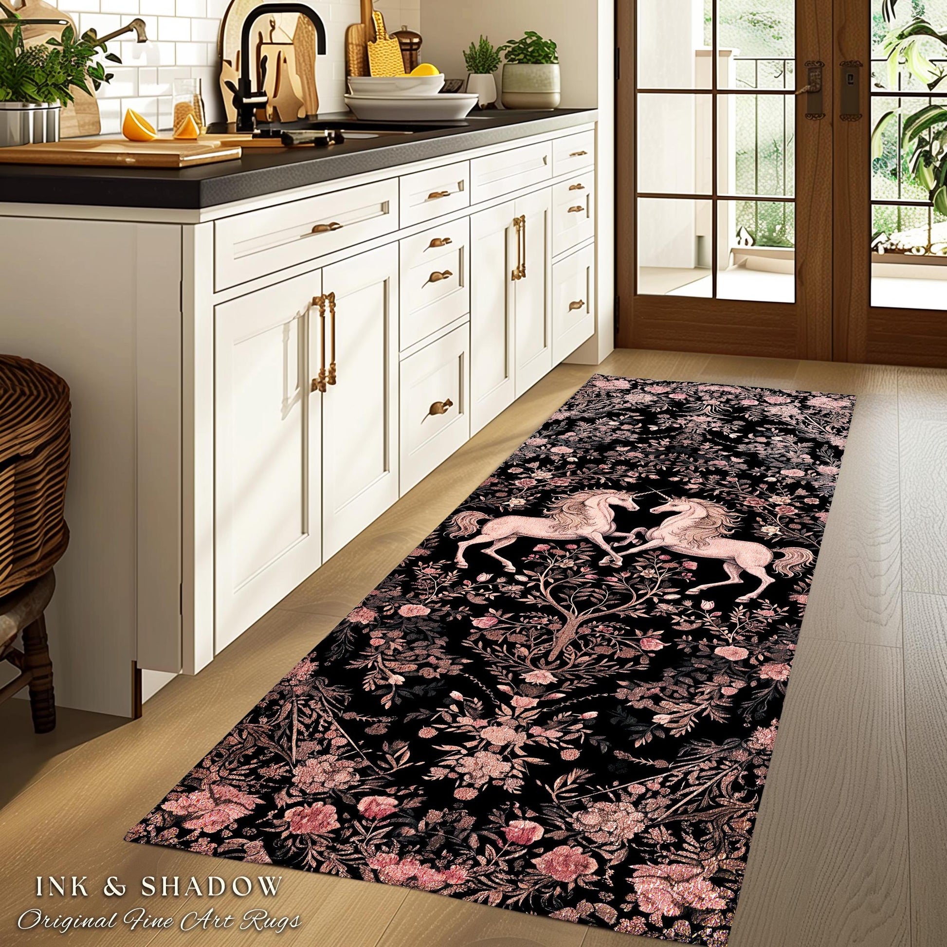 Rosy Pastel Victorian Unicorn Runner Rug | Floral Romantic Cottagecore Coquette Aesthetic Whimsical Area Rug Fairycore Runner for Hallway |