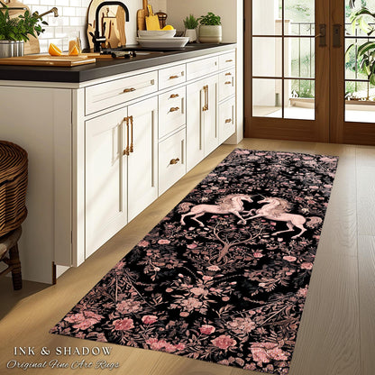Rosy Pastel Victorian Unicorn Runner Rug | Floral Romantic Cottagecore Coquette Aesthetic Whimsical Area Rug Fairycore Runner for Hallway |