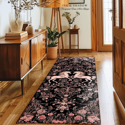 Rosy Pastel Victorian Unicorn Runner Rug | Floral Romantic Cottagecore Coquette Aesthetic Whimsical Area Rug Fairycore Runner for Hallway |
