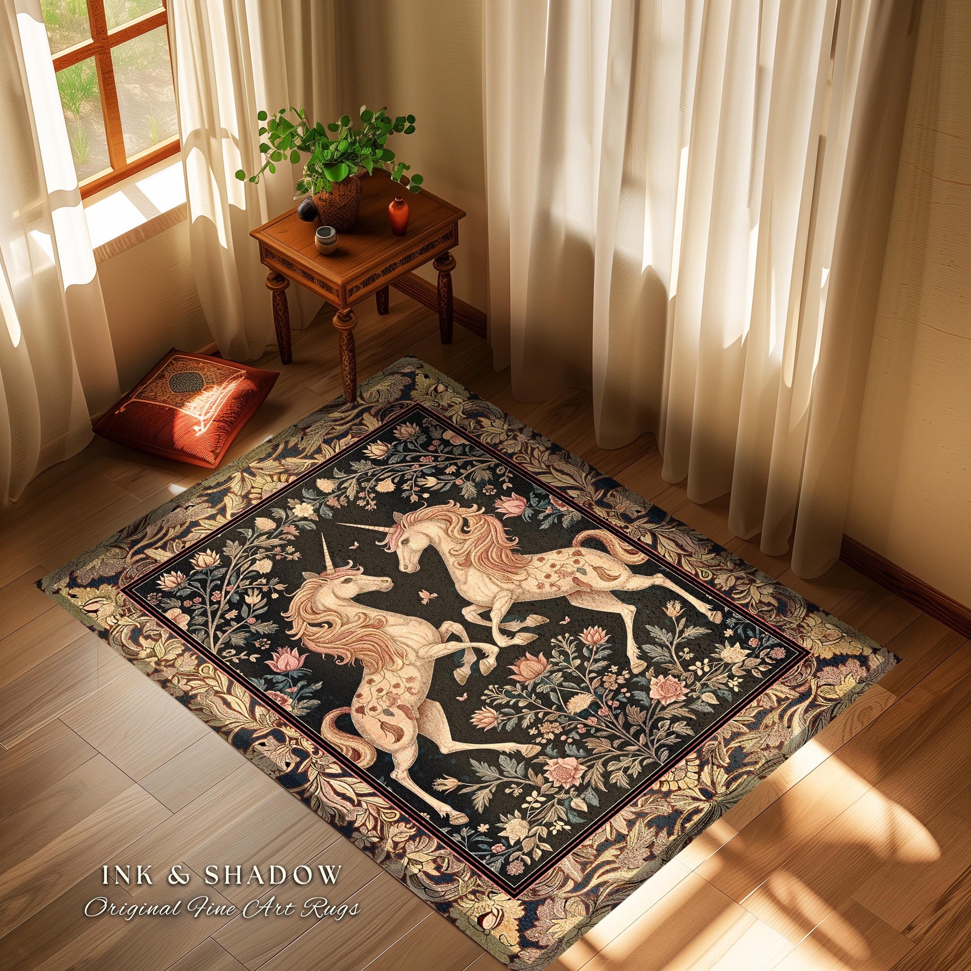 Fairytale Unicorn Floral Aesthetic Runner Rug | Pastel Cottagecore Area Rug Fairycore Runner for Hallway Whimsical Boho Home Decor Medieval