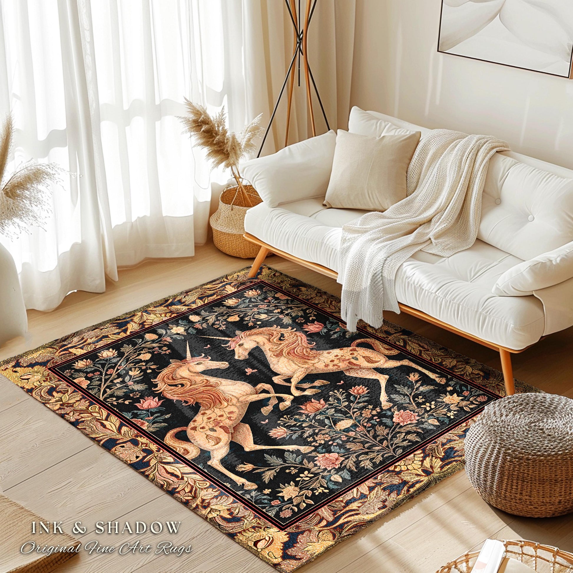 Fairytale Unicorn Floral Aesthetic Runner Rug | Pastel Cottagecore Area Rug Fairycore Runner for Hallway Whimsical Boho Home Decor Medieval