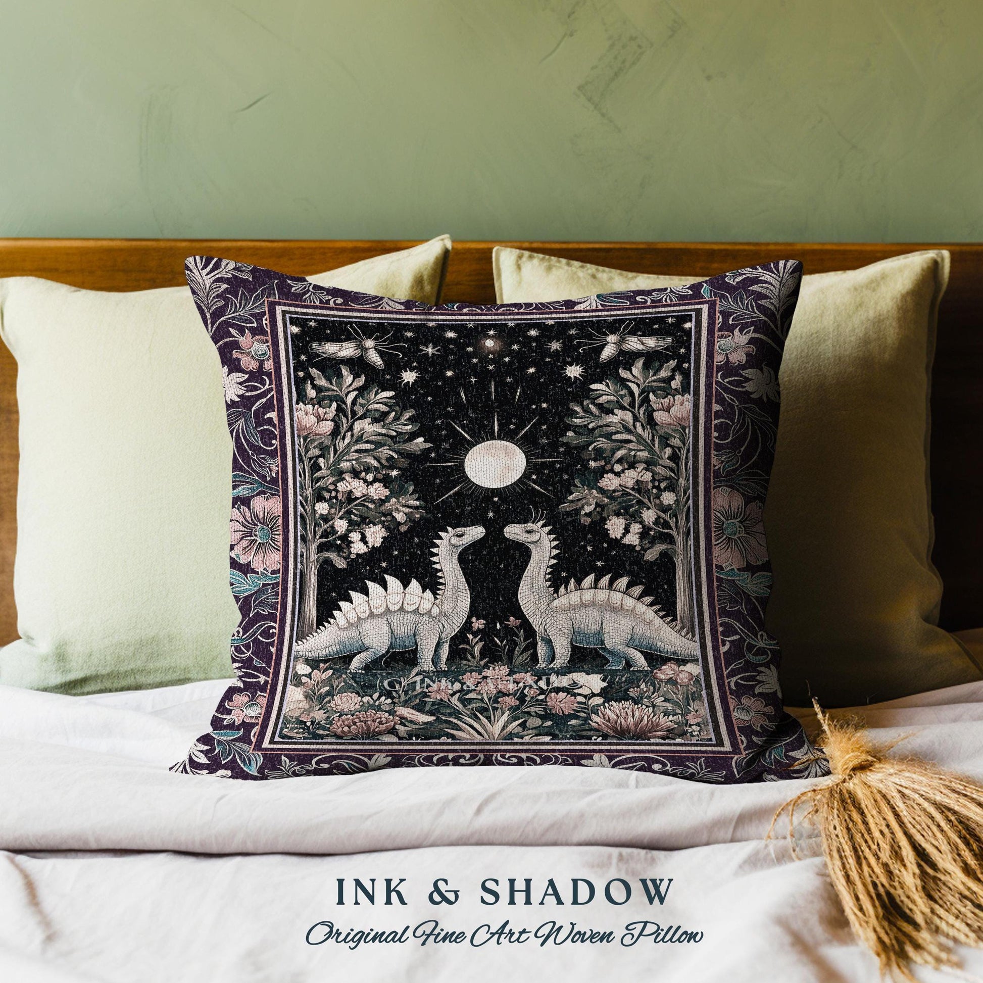 Enchanted Forest Stegosaurus Pillow Celestial Dinosaur Witchy Cottagecore Whimsigoth Decor, Moonlit Woodland Gothic Floral Jurassic Cushion