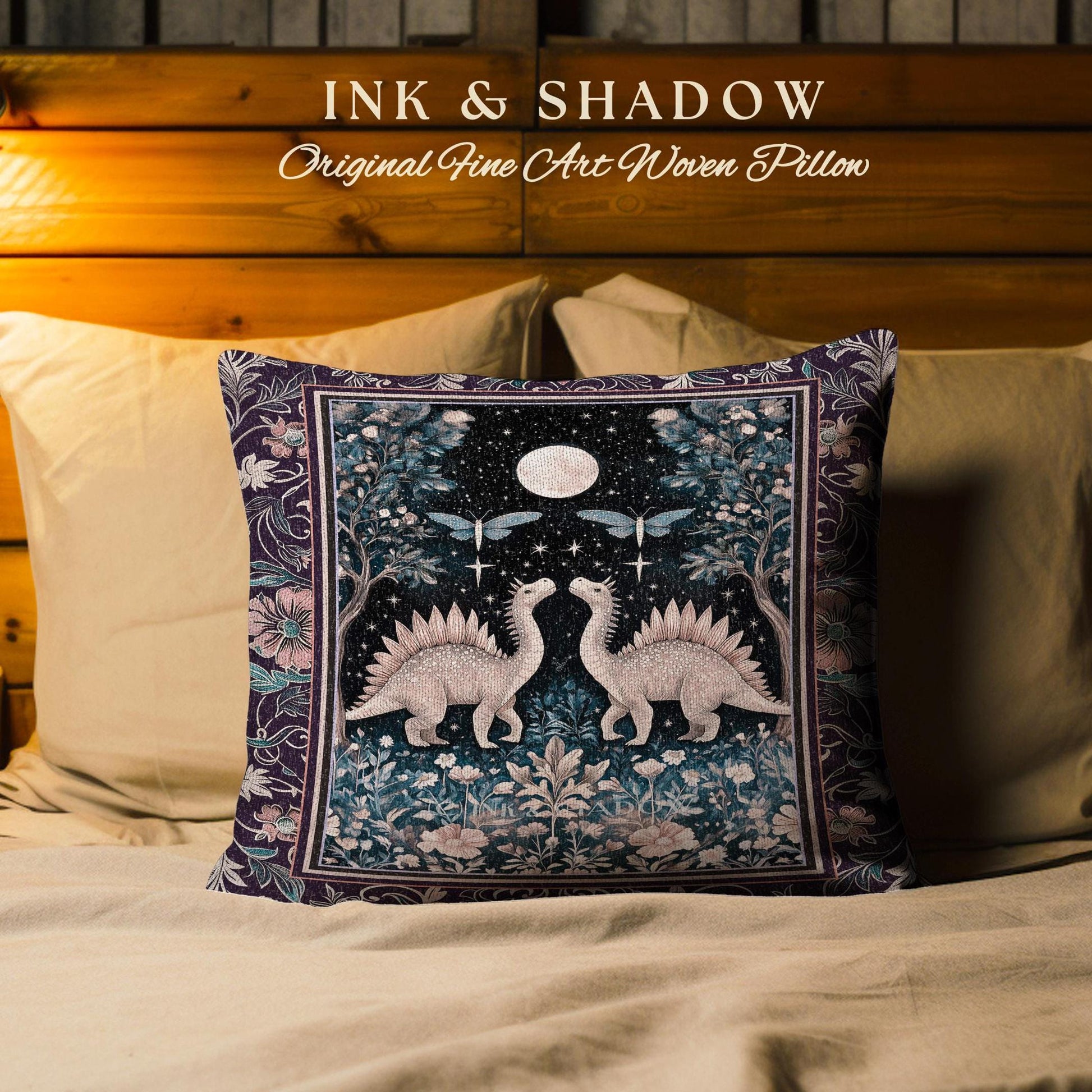 Cute Dino Whimsical Moonlit Pillow | Moth Night Sky Ethereal Woodland Dinosaur Woven Cushion Ornate Medieval Floral Vintage Dark Maximalist