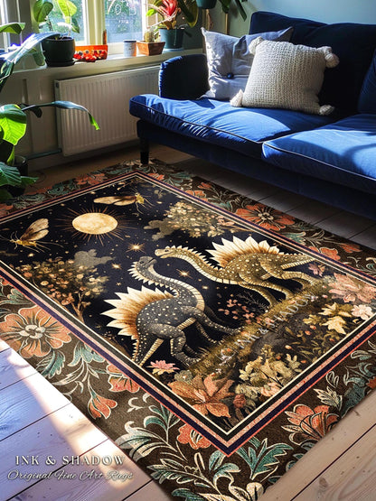 Rustic Elegance Dinosaur Decor Woodland Gothic Celestial Stegosaurus Rug Antique Baroque Aesthetic Enchanted Forestcore Art Home Accent