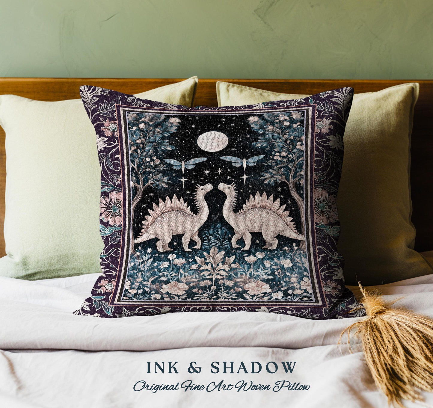 Cute Dino Whimsical Moonlit Pillow | Moth Night Sky Ethereal Woodland Dinosaur Woven Cushion Ornate Medieval Floral Vintage Dark Maximalist