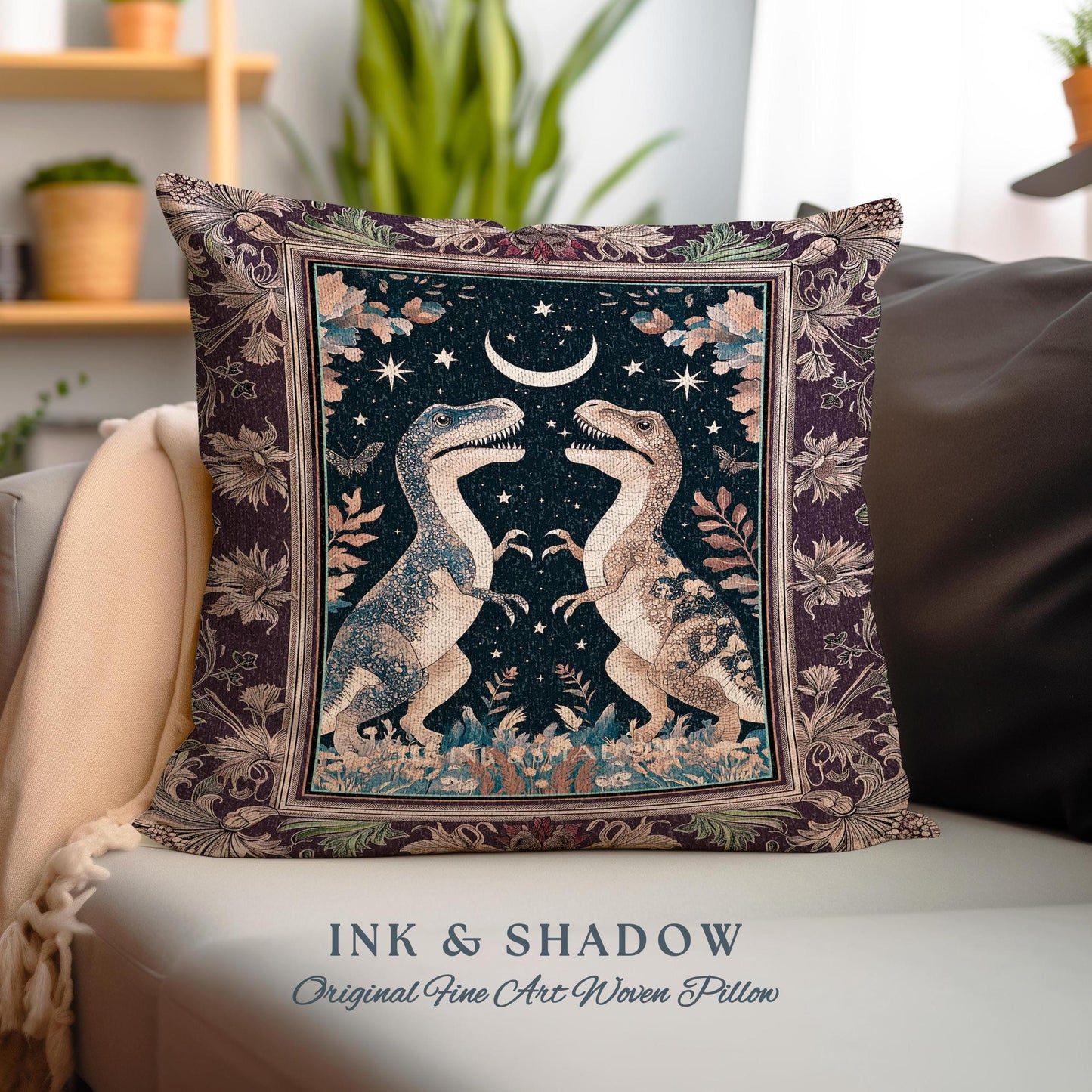 Whimsigoth Dinosaur Pillow Celestial T-Rex Starry Night Decor, Mystic Jurassic Forest Fairycore Enchanted Woodland Witchy Magic Cottagecore
