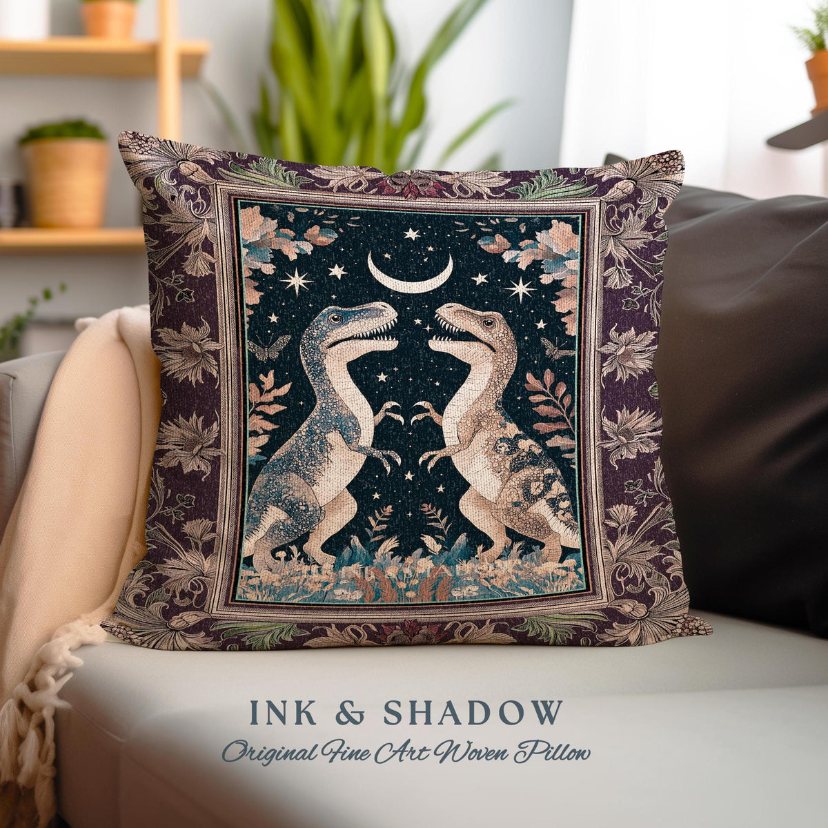 Whimsigoth Dinosaur Pillow Celestial T-Rex Starry Night Decor, Mystic Jurassic Forest Fairycore Enchanted Woodland Witchy Magic Cottagecore
