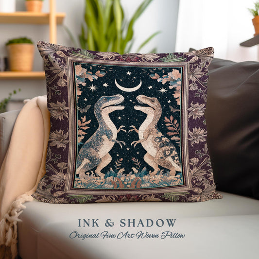 Whimsigoth Dinosaur Pillow Celestial T-Rex Starry Night Decor, Mystic Jurassic Forest Fairycore Enchanted Woodland Witchy Magic Cottagecore