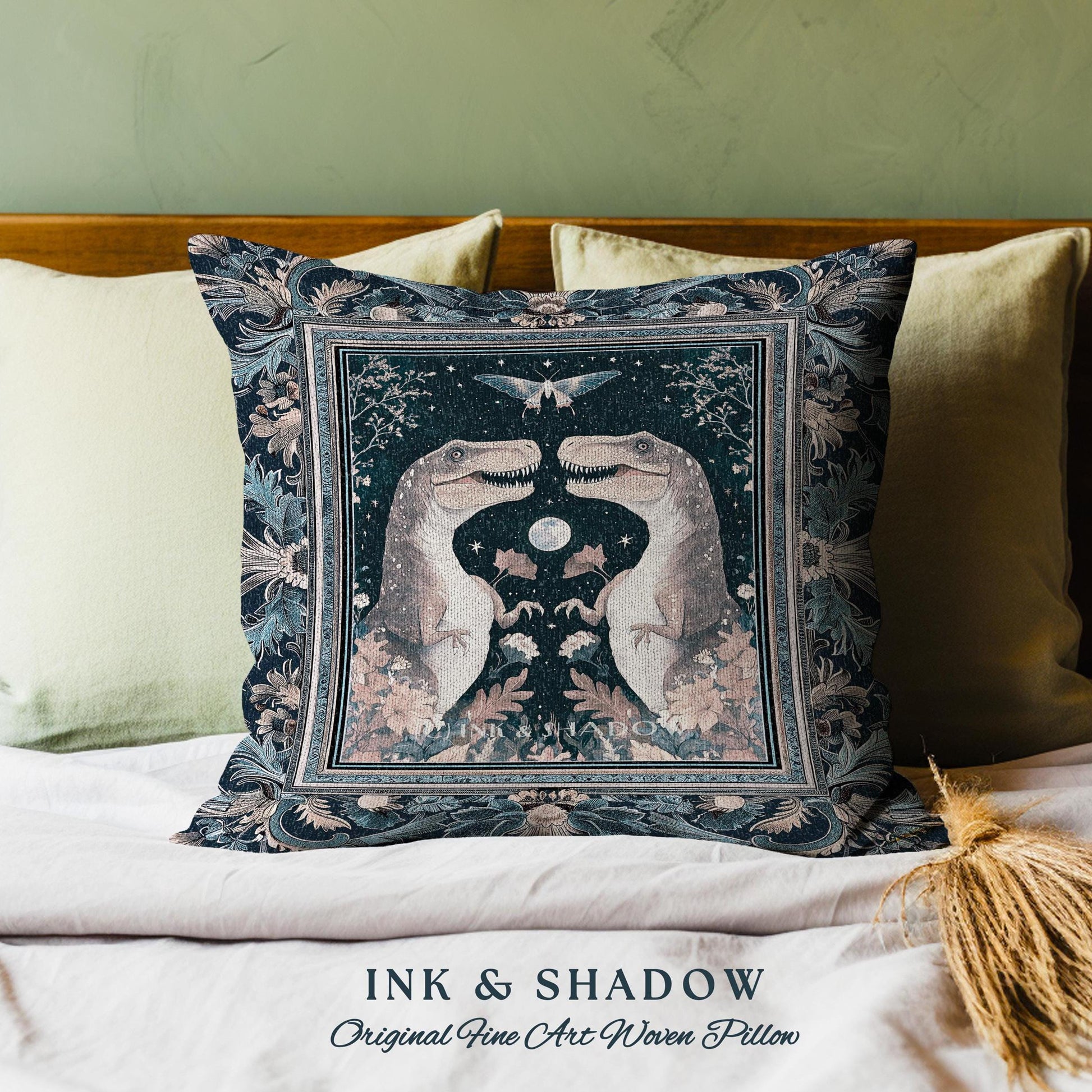 Enchanted Moth Dinosaur Pillow | Whimsical T-Rex Dino Woven Cushion Enchanted Garden Moonlit Cottagecore Indigo Blue Jurassic Forestcore |