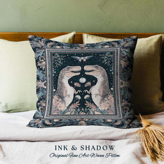 Enchanted Moth Dinosaur Pillow | Whimsical T-Rex Dino Woven Cushion Enchanted Garden Moonlit Cottagecore Indigo Blue Jurassic Forestcore |