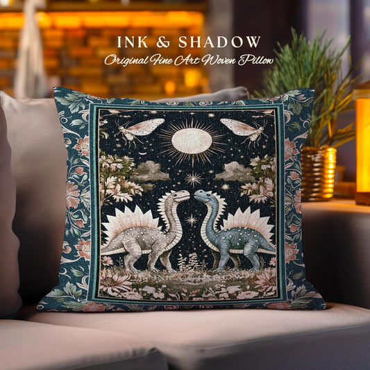 Ethereal Dino Lovers Woven Pillow | Whimsical Dinosaur Nursery Cushion Moth Ornate Medieval Jurassic Floral Vintage Dark Maximalist Art TRex