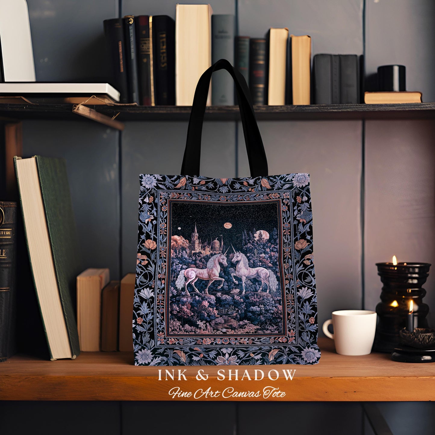 Moody Moonlit Unicorn Woven Tote | Elegant Medieval Florals Lavender Purple Whimsical Folklore Woven Tapestry Bag Fairytale Witchy Style |
